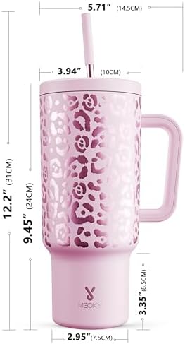 Meoky 40 oz Tumbler with Handle and Straw, Tumbler with Lid and Straw, Insulated Stainless Steel Travel Mug, 100% Leak-proof, Keeps Cold for 34 Hours or Hot for 10 Hours (Pink Leopard) - Image 6