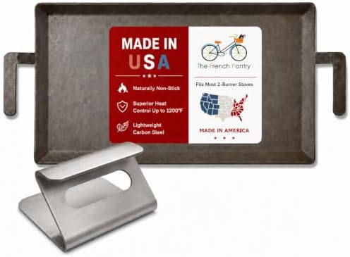 Made in USA Carbon Steel Griddle with Grill Press – 2-Burner Stovetop Griddle, Professional-Grade Cookware, Induction Compatible by The+French+Pantry