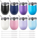 12 oz Insulated Wine Tumbler with Lid and Straw,Stainless Steel Stemless Wine Tumbler Double Wall Vacuum Wine Cups Tumbler Bulk for Coffee,Champaign,Cocktail,Office (Multicolor,8) by FristChoice