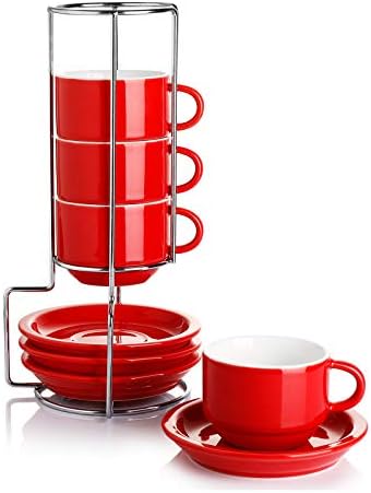 Sweese 2.5 Ounce Porcelain Stackable Espresso Cups with Saucers and Metal Stand Set of 4, Red by Sweese