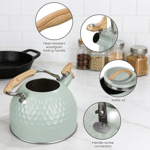 Phyllia Tea Kettle -3.L Whistling Tea Kettle for Stove Top Stainless Steel Tea Pot Stovetop Food Grade Water Kettle with folding Handle for Coffee Tea Milk Hot Water Kettle Pot -Patterned Green - Image 4
