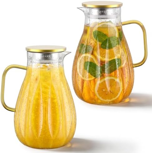 2 Pack Glass Pitcher with Lid and Handle for Fridge, Iced Tea and Coffee Carafe Beverage Serveware, 2 Liters/68 oz Heat Resistant Borosilicate Water Jug for Hot/Cold Drinks by Unknown