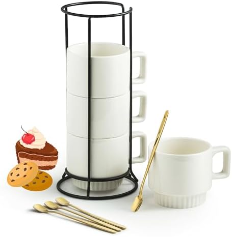 Miamolo Coffee Mugs Set of 4, Stackable Coffee Cups with Stand and Spoons by Miamolo