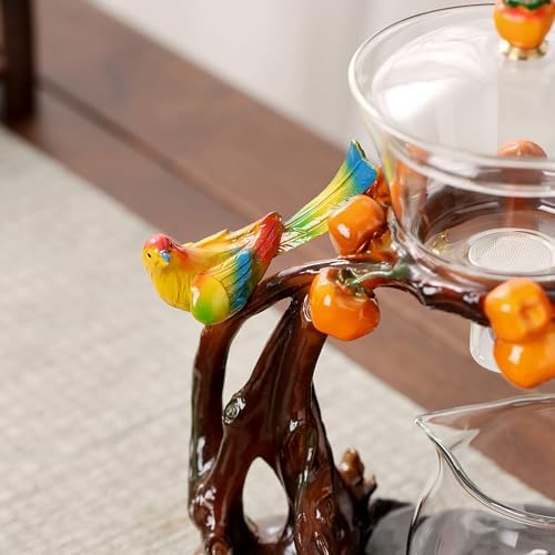Zurucily Glass Kungfu Teapot Set Tea maker with Infuser Semi Automatic Tea Set (Bird-orange) - Image 3