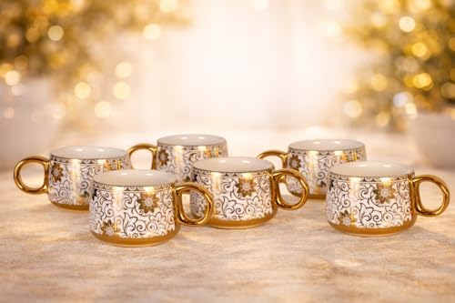 Porcelain Tea Set with 1 Kettle, 6 Piece Tea Cup Set, Aesthetic Classic Teaware Set for Home, Kitchen Decor & Gifting (Florita Golden) - Image 3