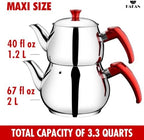 Hakan Stainless Steel 3.2 L, 107 Oz, Maxi Double Bondy Tea Pot Set with Self Strainer Double Lids, Turkish Samovar Style Teapot Set, Tea Kettle for Loose Leaf Tea with Red Bakelite Handle 3.3-Quart - Image 2