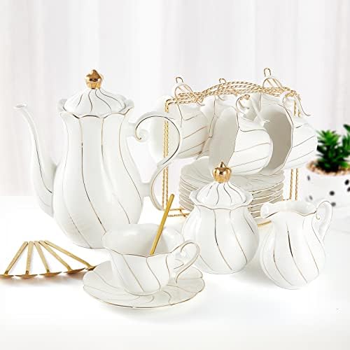 DUJUST 22 pcs Porcelain Tea Set for 6 ＆ Larger 2-Tier Cupcake Stand Tower, Luxury British Style Tea/Coffee Cup Set with Golden Trim, Food Grade Dessert Display Stand for Tea Party - White - Image 3