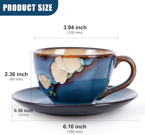 8 Oz Floral Porcelain Cappuccino Cups with Saucers Set of 4, Stoneware Tea Coffee Mugs for Home Kitchen & Office, Dishwasher Microwave Oven Safe, for Espresso, Latte, Americano, Milk & Tea, Dark Blue - Image 3