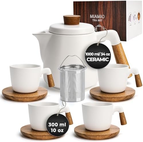MIAMIO – 34 Oz Ceramic Tea Pot Set with Infuser and Cups/Tea Strainer, 4 Ceramic Tea Mugs (10 Oz), Bamboo Saucers/Handle for Home and Office (White) by MIAMIO
