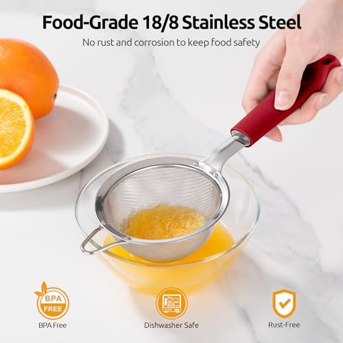 U-Taste 18/8 Stainless Steel 18/8 Stainless Steel 3.35in 30 Mesh Kitchen Food Sieve (Red) and 18/8 Stainless Steel 7" Mini Whisk for Cooking - Image 3