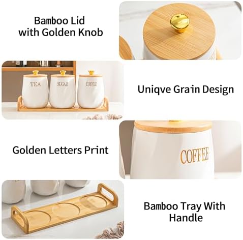 Ceramic Canister Set of 3 for Sugar Coffee Tea with Tray, White Airtight Food Storage Jars with Wood Lids, Kitchen Counter Storage Containers - 23oz - Image 2
