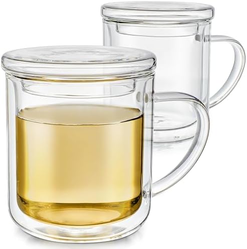 Teabloom Double-Wall Glass Cups with Lids – Set of 2 Insulated 8 oz Borosilicate Glass Mugs, Lead-Free & Plastic-Free, Pure Taste, Temperature-Retention, Dishwasher/Microwave Safe by Teabloom