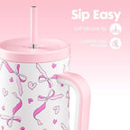 Meoky Glow in the Dark Tumbler: 40 oz Tumbler with Handle and Straw- Stainless Steel Insulated Tumbler for Car Cup Holders - Travelers Commuters Workers (1 Pack, Pink Bow) - Image 5