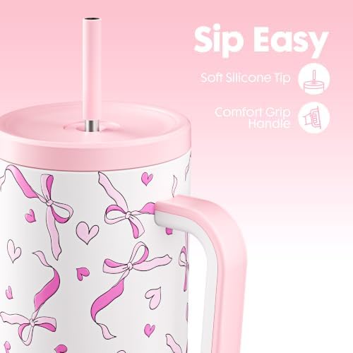 Meoky Glow in the Dark Tumbler: 40 oz Tumbler with Handle and Straw- Stainless Steel Insulated Tumbler for Car Cup Holders - Travelers Commuters Workers (1 Pack, Pink Bow) - Image 5