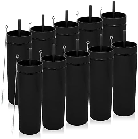 Volhoply 20oz Plastic Skinny Tumblers Bulk 10 Pack,Double Wall Tumbler with Lid and Straw,BPA Free Matte Acrylic Iced Coffee Cups with Straw,Reusable Travel Cute Mug for Party,DIY Gift(Black,10 Set) by LiveFully%EF%BC%8CDrinkFreely%E2%80%94KeepGoingwithVolhoply%EF%BC%81