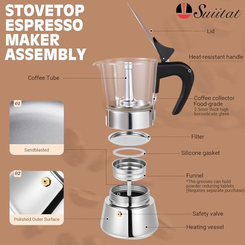 6 Cup 300ml Glass Moka Pot, Stovetop Espresso Maker, Silver - Image 2