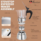 6 Cup 300ml Glass Moka Pot, Stovetop Espresso Maker, Silver - Image 2
