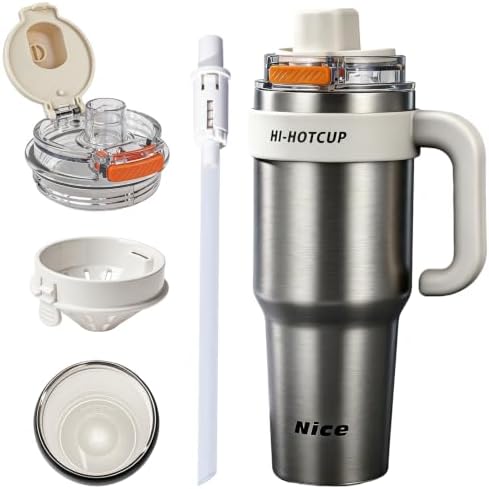 HI-Hotcup-42.58oz Insulated Stainless Steel Travel Mug with Handle, 316/Ceramic Liner Vacuum Tumbler, Leak-Proof Hot Cold Coffee Cup with Straw & Tea Infuser for Car, Outdoor-007 by Unknown