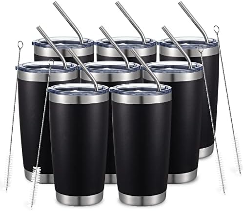 COMOOO 20oz/8Pack Black Tumbler Double Wall Vacuum Insulated Coffee Travel Mug Stainless Steel Tumbler with Lid and Straw Coffee Cup for Cold Drinks & Hot Beverage, Home and Outdoor (Black, 8 Pack) by COMOOO