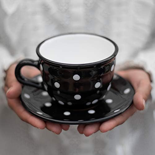 City to Cottage Handmade Black and White Polka Dot Large Ceramic 12oz/350ml Cappuccino Coffee Tea Cup and Saucer, Unique Designer Pottery for Tea Lovers by CitytoCottage