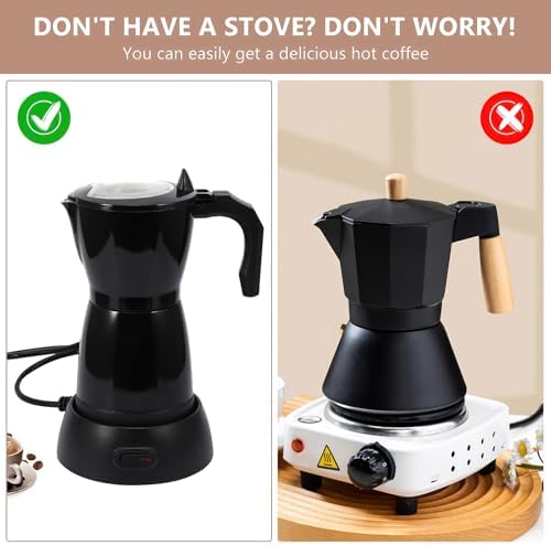 Coffee Pot Electric Espresso Coffe Maker, 300ml 6 Cups Aluminum Moka Pot with Overheat Protection and Detachable Base, Portable Italian Moka Maker, 450W, Black - Image 6