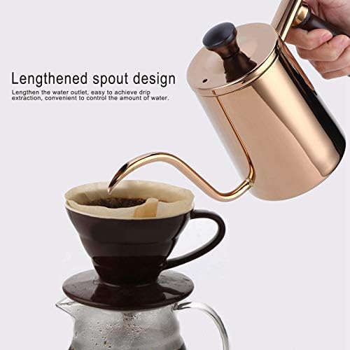 304 Stainless Steel Gooseneck Coffee Kettle,Drip Resistant Spout,Coffee Kettle,700ml Gooseneck Drip Kettle with Wooden Handle (Long Mouth-Rose Gold) - Image 3