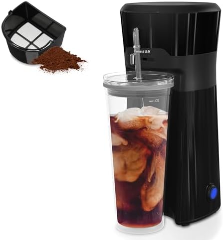 HEYNEMO Iced Coffee and Tea Maker with Reusable Coffee Filter and Portable 20oz Double Insulated Cups, Single Serve Machine for Home, Strength Control for Flavor, Black by HEYNEMO