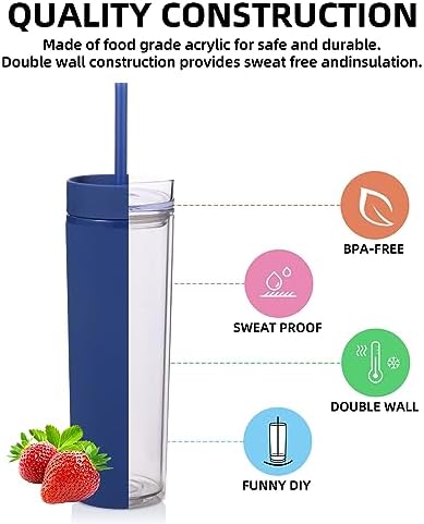 Volhoply 16oz Plastic Skinny Tumbler with Lid and Straw Bulk 8 Pack,Insulated Double Wall BPA Free Matte Acrylic Tumblers,Iced Coffee Travel Mug Reusable Party Cup,Customizable Diy Gifts(Navy,8 Set) - Image 3