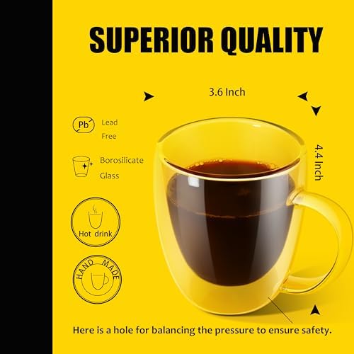 PunPun 12.9OZ. 380ml Clear Coffee Mugs, Glass Cups for Latte, Double Wall Glass with Big Handle, Clear Mugs for Iced Coffee or Hot Beverages, Espresso Cups Each Set of 4 - Image 4