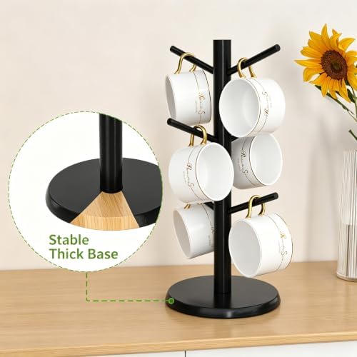 Bamboo Coffee Mug Tree with 6 Hooks,Black Coffee Cup Holder - Image 3