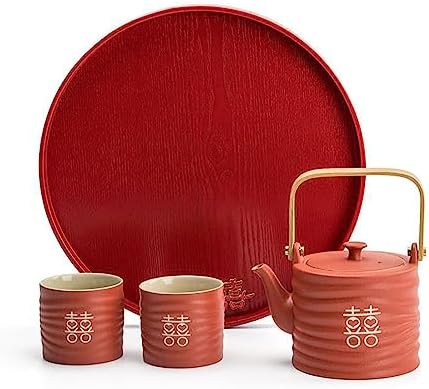 Chinese Porcelain Wedding Tea Cup Teapot Set, Ceramic Tea Set for Wedding Party Housewarming Home Decoration (1 teapot 6 tea cups 1 round tray) - Image 7