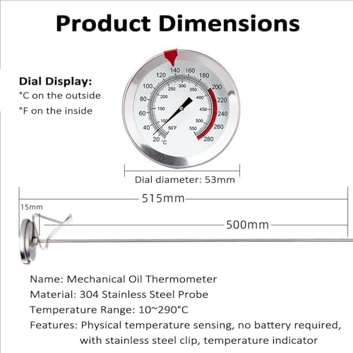 19.6" Long Stem Deep Fry Thermometer with Pot Clip, Mechanical Oil Temperature Gauge, 2.08" Dial Meat, Instant Read, 50-554℉ Range, for Deep Fry, Turkey, Grill - Image 2