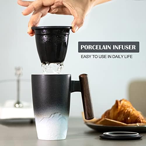 suyika Tomotime Ceramic Tea Cup with Infuser and Lid Tea Mugs Wooden Handle 400ml/13.5oz Black - Image 2