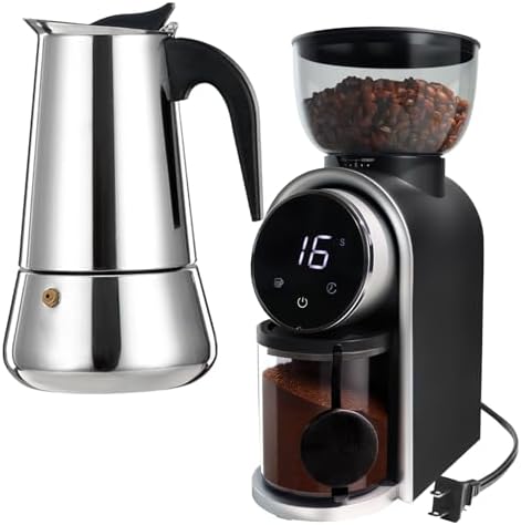 6 Cup Stovetop Espresso Maker Stainless Steel Moka Pot Stove Top Percolator Italian Coffee Makers Capable Mocha Greca Machine with Black Electric Coffee Grinder Touchscreen 2-14 Cup Conical Bur by Theperfectcombinationofcoffeehomeandhealthylivingmakingeverydayadayofrituals