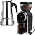 6 Cup Stovetop Espresso Maker Stainless Steel Moka Pot Stove Top Percolator Italian Coffee Makers Capable Mocha Greca Machine with Black Electric Coffee Grinder Touchscreen 2-14 Cup Conical Bur by Theperfectcombinationofcoffeehomeandhealthylivingmakingeverydayadayofrituals