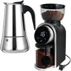6 Cup Stovetop Espresso Maker Stainless Steel Moka Pot Stove Top Percolator Italian Coffee Makers Capable Mocha Greca Machine with Black Electric Coffee Grinder Touchscreen 2-14 Cup Conical Bur by Theperfectcombinationofcoffeehomeandhealthylivingmakingeverydayadayofrituals