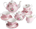 BTaT- Floral Tea Sets for Adults, 13 pcs, Service for 4, Pot (38 oz) & Cups (8 oz) with Saucers, Pastel Pink Floral Design with Gift Box, Porcelain Tea Set for Adult, Dishwasher Safe by BrewToATea