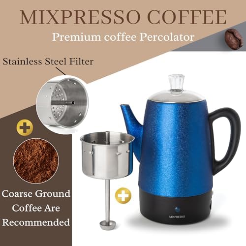 Mixpresso 10 Cup Shiny Blue Electric Percolator Coffee Pot, Stainless Steel - Image 3