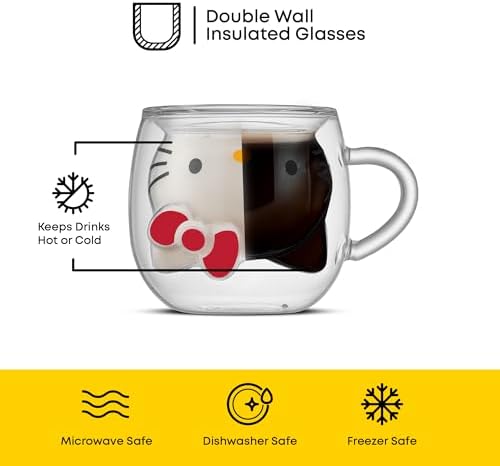 JoyJolt Hello Kitty 3D Coffee Mug, 13.5 oz Double Wall Glass Cup with 3D Design, Insulated Cute Mug for Tea, Latte, or Iced Coffee, Kawaii Sanrio Cup, Hello Kitty Kitchen Stuff - Image 3