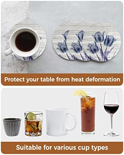 Coasters for Drinks Set of 8 with Holder Abstract Transparent Blue Flower Tulip Wood Grain Ceramic Cup Mat Absorbent Ceramic Stone Coasters with Cork Base for Coffee Cups Wooden Table Home Decor 4in - Image 7