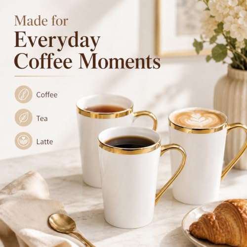 White and Gold Coffee Mugs Set of 6, 12 oz Porcelain - Image 5