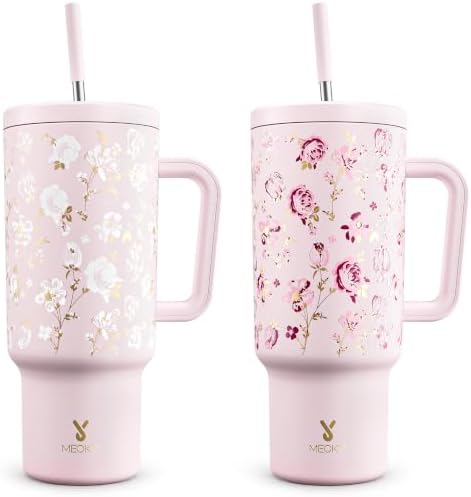 Meoky UV Color-Changing Tumbler: 40 oz Tumbler with Handle and Straw- Stainless Steel Insulated Tumbler for Car Cup Holders - Adults Women (1 Pack, Rose Manor) by MEOKY