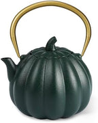 Pumpkin Cast Iron Teapot with Infuser - Japanese Kettle with Enamel Interior for Loose Leaf Brewing, 40oz Traditional Tetsubin, Stainless Steel Filter, Stovetop Safe (Dark Green) by SKIKEN