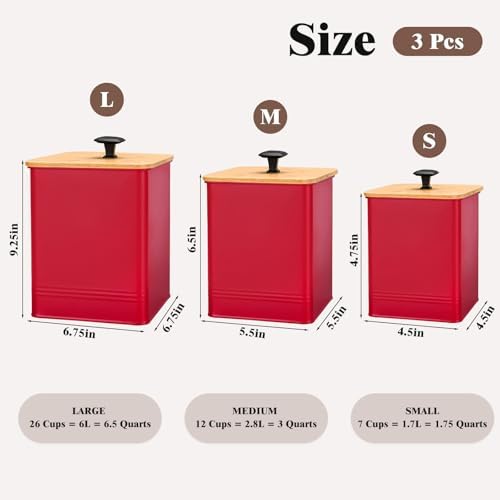 Kitchen Canisters Set of 3, Metal Flour Sugar Storage Containers with Airtight Lids-Canisters Sets for Kitchen with Customizable Chalkboard Labels & Marker Pen-Spice, Coffee Storage Jars(Red) - Image 2