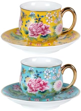 KAMMAK Tea Cup and Saucer, Ceramic Coffee Cups, 7.1 oz, Set of 2 by KAMMAK