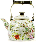 Vintage Enamel Tea Kettle Birds Floral Boho Stovetop Teapot with Gold Handle 2.5L Enamel Kettle Bohemian Kitchen Decor Ideal Gift for Housewarming Camping Coffee Pot by MersteadHome