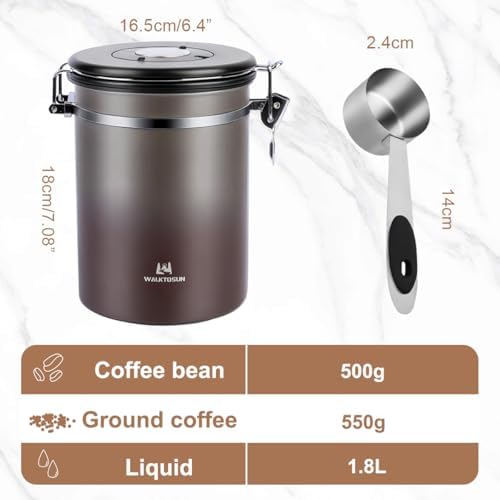 Coffee Canister Airtight Storage Container Stainless Steel Coffee Jar with Scoop,Date Tracker CO2 Release Valve for Dry Food Beans Ground Tea Flour Cereal and Sugar (1.8L Grey-Brown With Spoon(2pcs)) - Image 2