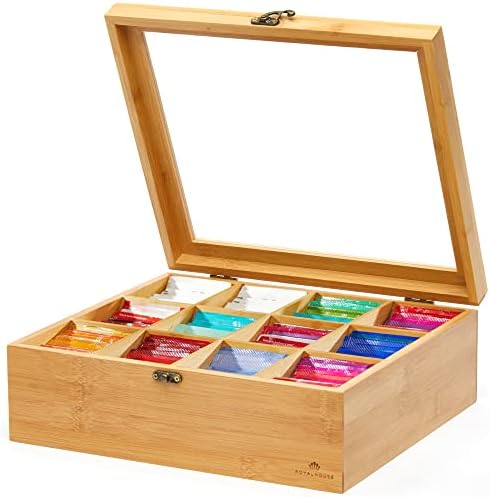 Natural Bamboo Tea Storage Organizer, Clear Acrylic Top, 12 Compartments by RoyalHouse