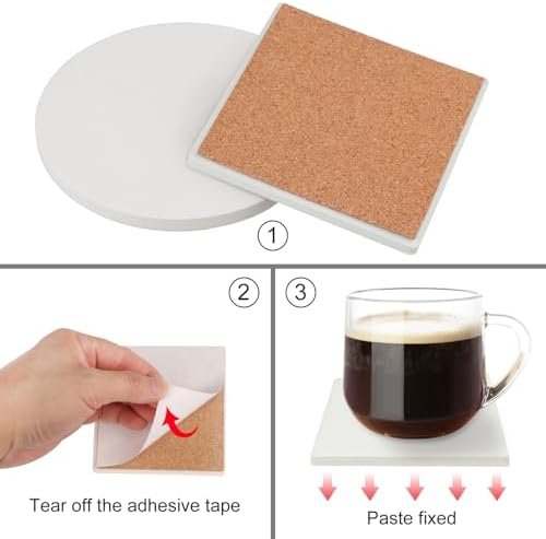GNIEMCKIN 50 Pieces 4 Inch Round and Square Blank Ceramic Coasters, Unglazed Ceramic Tiles Coasters with Cork Backing Pads for Painting, DIY Crafts, White. - Image 3