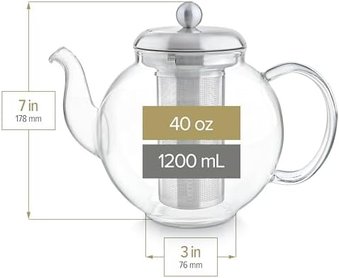 Teabloom Heritage Borosilicate Glass Teapot – 40 oz Classic Round Design with Stainless Steel Infuser – Stovetop Safe, Drip-Free Spout, Durable Heat-Resistant Tea Kettle for Loose Leaf or Teabags - Image 3